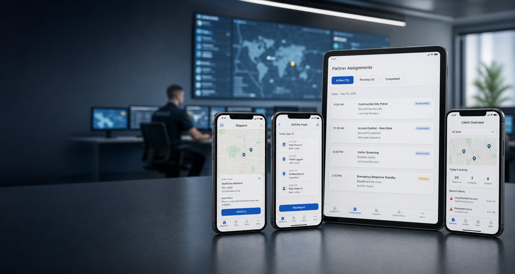 Tablet and mobile phones showing the Motorcade app ecosystem for guards, clients, and partners.
