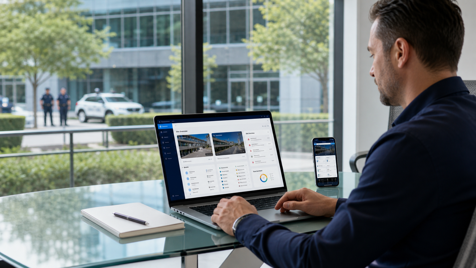 Client operations manager reviewing the Motorcade portal on a laptop with a mobile companion view nearby.