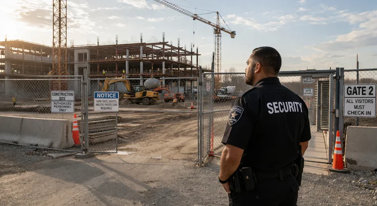 Commercial construction site with controlled access perimeter