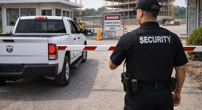 Infrastructure project zone with perimeter security checkpoint