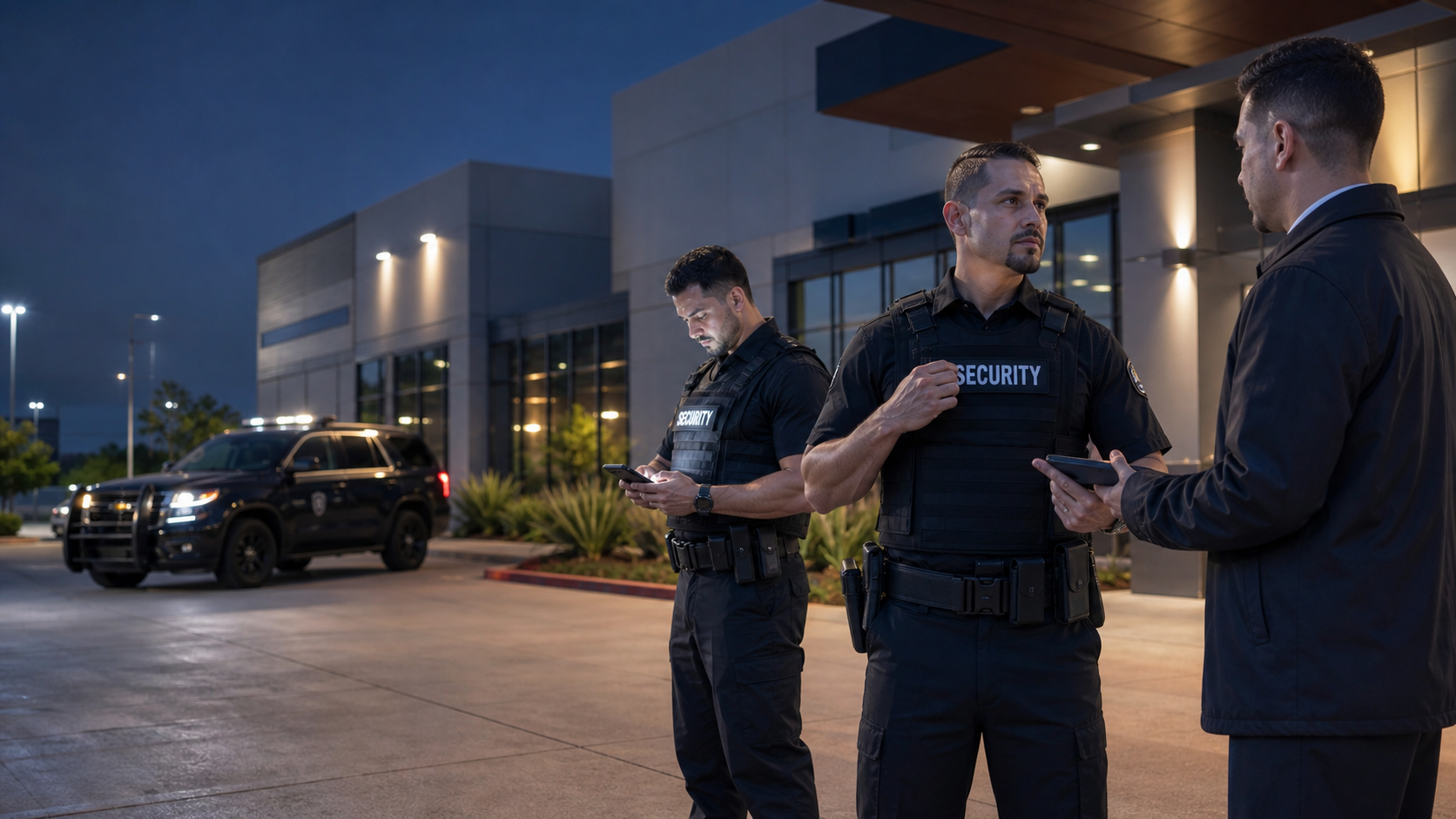Motorcade officers receiving a field briefing outside a controlled facility at shift change.