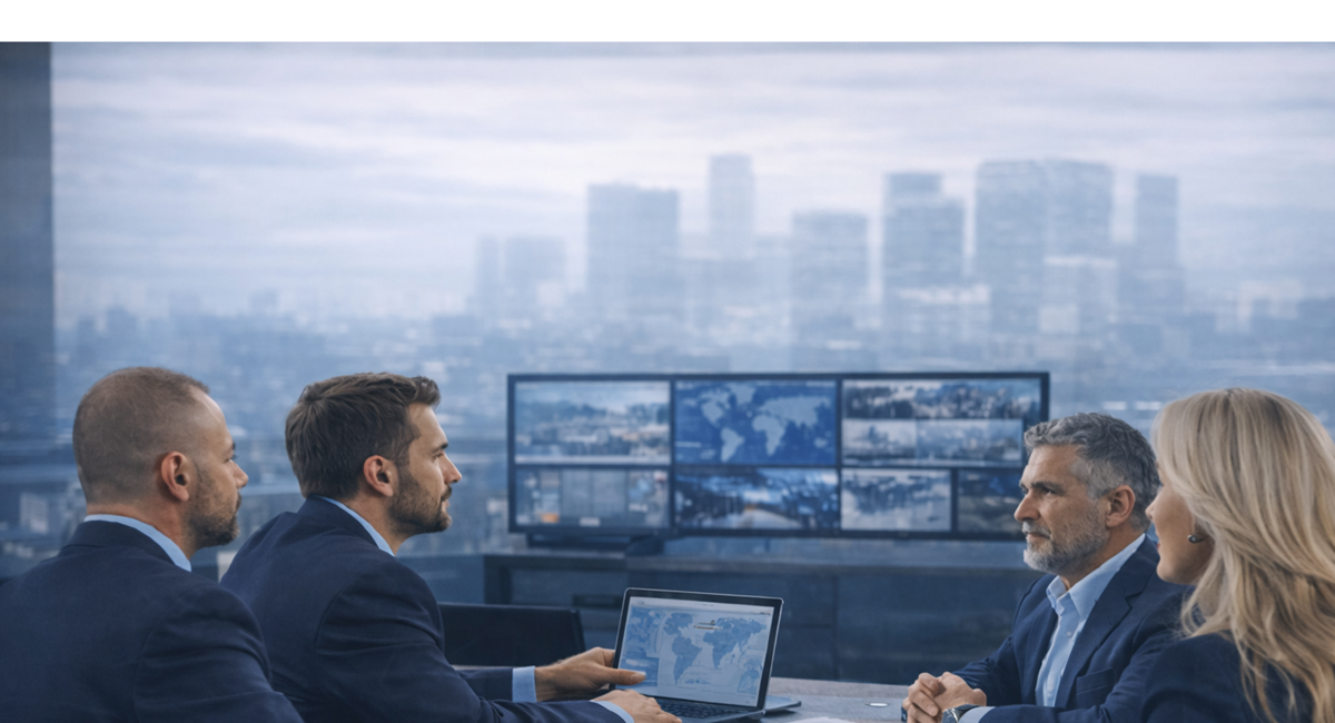 Security team reviewing a briefing in an operations room.